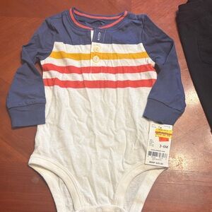 OshKosh B'gosh White Long Sleeve Stripe One-Piece with Blue Sleeves